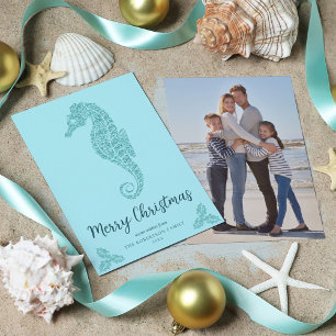 Cartes Pour Fêtes Annuelles Aqua Parties scintillant Bleue Cheval de mer Côte