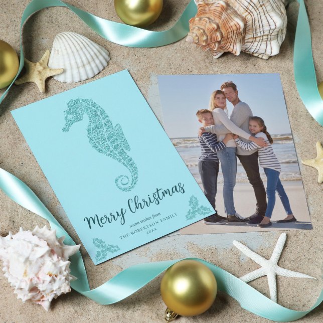 Cartes Pour Fêtes Annuelles Aqua Parties scintillant Bleue Cheval de mer Côte  (Créateur téléchargé)