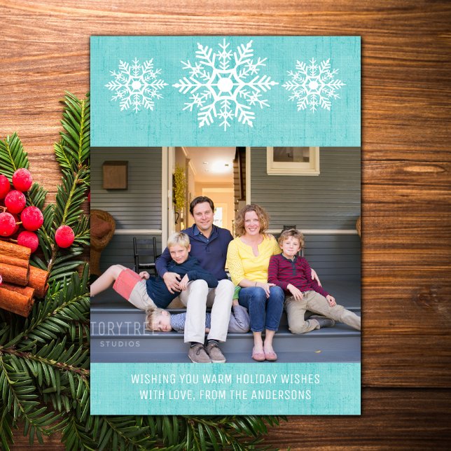 Cartes Pour Fêtes Annuelles Aqua Russe Feu de neige photo de vacances (Aqua Rustic Snowflake Holiday Photo Card)