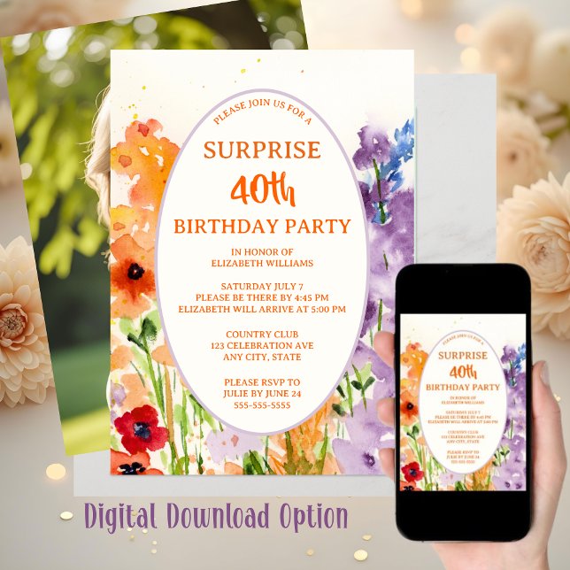 Cartes Pour Fêtes Annuelles Aquarelle 40e Photo personnalisée Surprise Anniver (Créateur téléchargé)