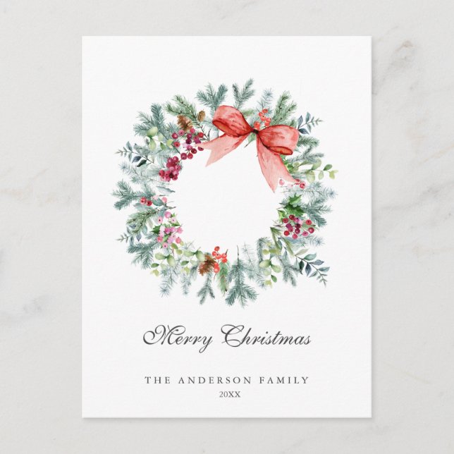 Cartes Pour Fêtes Annuelles Aquarelle À feuillage persistant et couronne de fr (Devant)