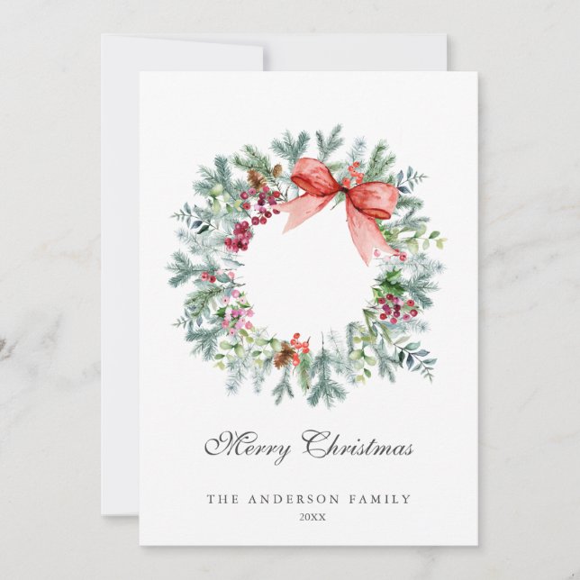 Cartes Pour Fêtes Annuelles Aquarelle À feuillage persistant et couronne de fr (Devant)