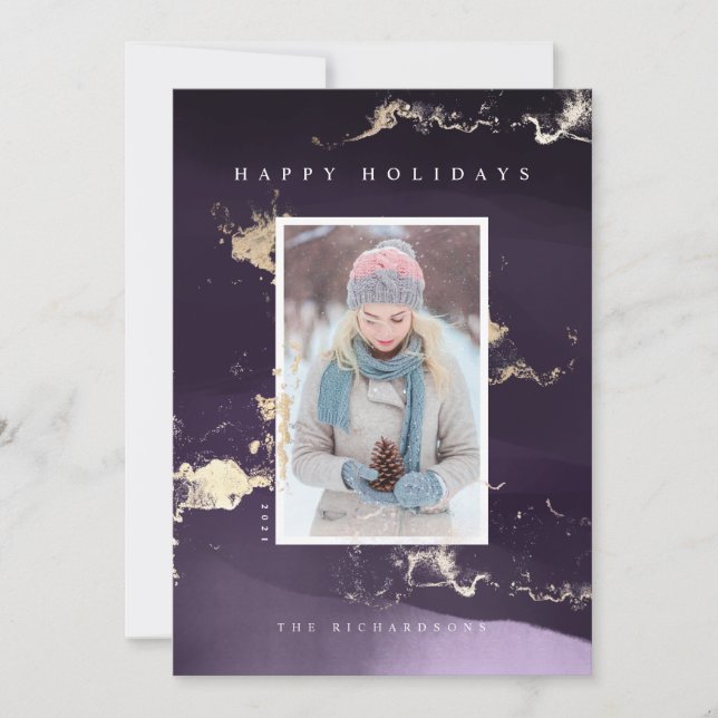 Cartes Pour Fêtes Annuelles Aquarelle Abstraite moderne violet d'or Foil Flake (Devant)