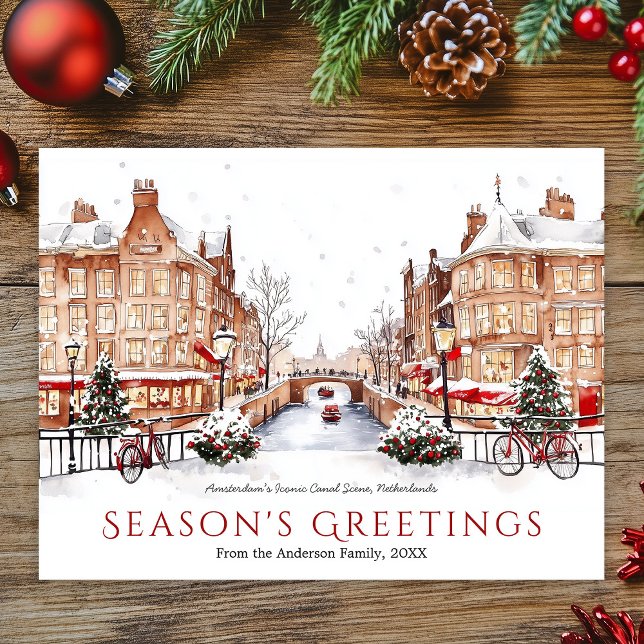 Cartes Pour Fêtes Annuelles Aquarelle Amsterdam Pays-Bas Voyage Noël (Watercolor Amsterdam Netherland Travel Christmas Holiday Postcard)