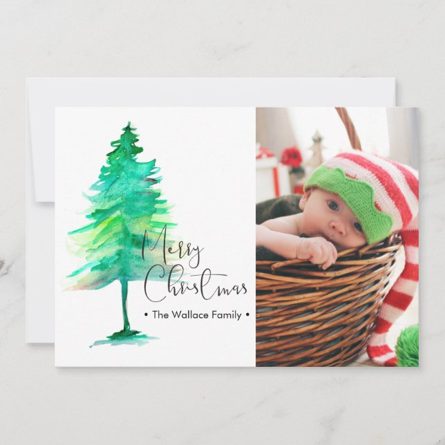 Cartes Pour Fêtes Annuelles Aquarelle Arbre de Noël Photo famille bébé (Devant)