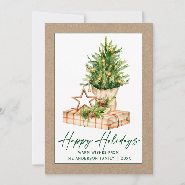 Cartes Pour Fêtes Annuelles Aquarelle Arbre Kraft Calligraphie Encre verte Scr (Devant)