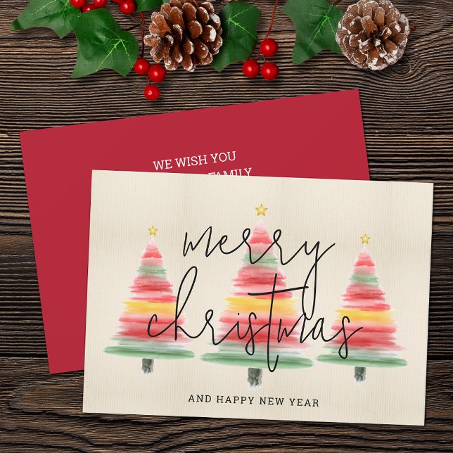 Cartes Pour Fêtes Annuelles Aquarelle Arbres de Noël (Watercolor striped Christmas trees flat holiday greeting cards feature your greeting on the back.)
