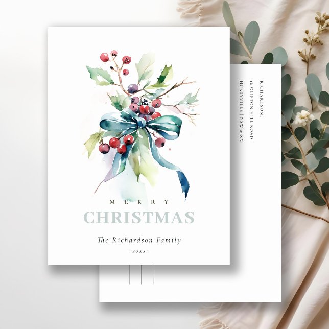 Cartes Pour Fêtes Annuelles Aquarelle Baies d'hiver Bleu Vert Noël (Créateur téléchargé)