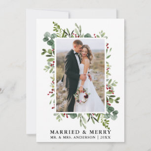 Cartes Pour Fêtes Annuelles Aquarelle Baies vertes Mariées & Joyeuses