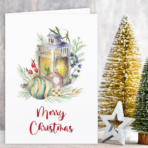Cartes Pour Fêtes Annuelles Aquarelle Baubles et voeux de Noël lanterne