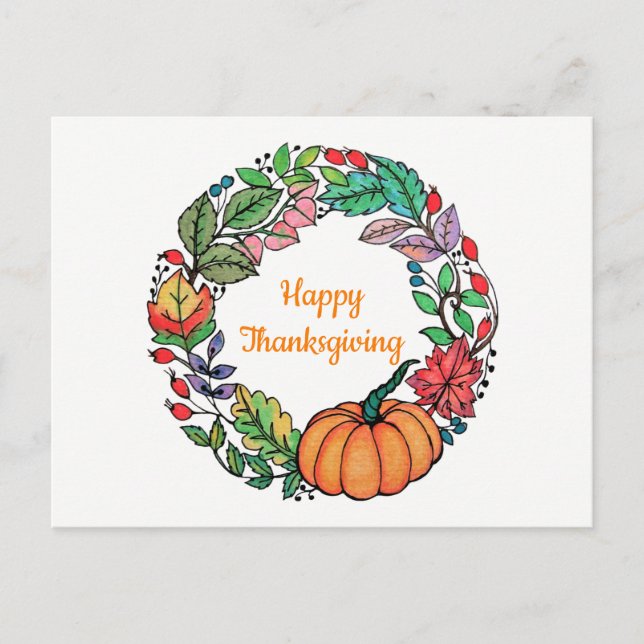 Cartes Pour Fêtes Annuelles Aquarelle Belle couronne Citrouille avec feuille (Devant)