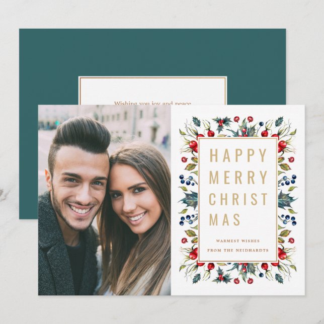 Cartes Pour Fêtes Annuelles Aquarelle Berries moderne Gold Christmas Photo (Devant / Derrière)