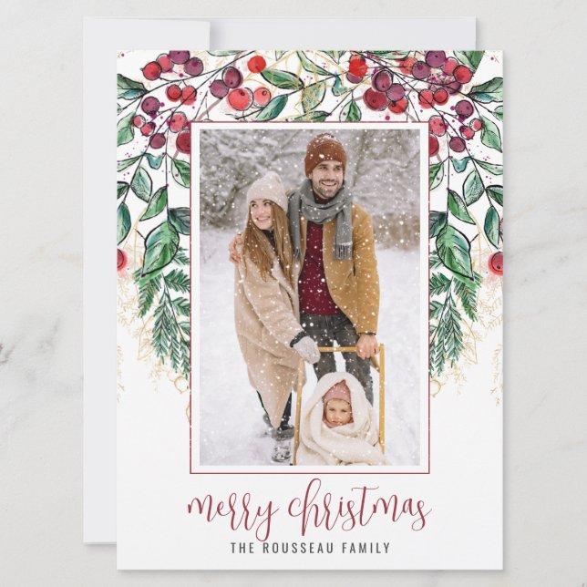 Cartes Pour Fêtes Annuelles Aquarelle Berry À feuillage persistant Joyeux Noël (Devant)