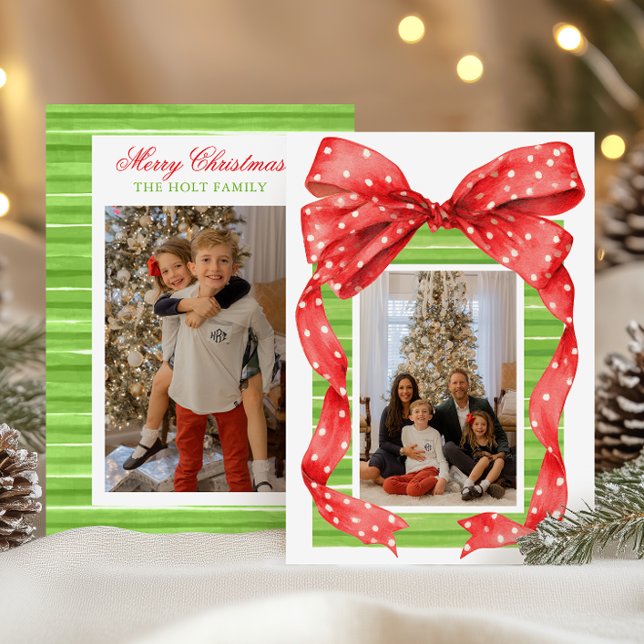 Cartes Pour Fêtes Annuelles Aquarelle Big Red Bow Photo de Noël (Créateur téléchargé)
