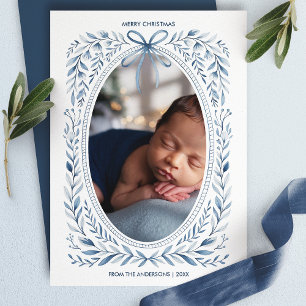 Cartes Pour Fêtes Annuelles Aquarelle Bleu Bow Botanique Ovale Photo Noël