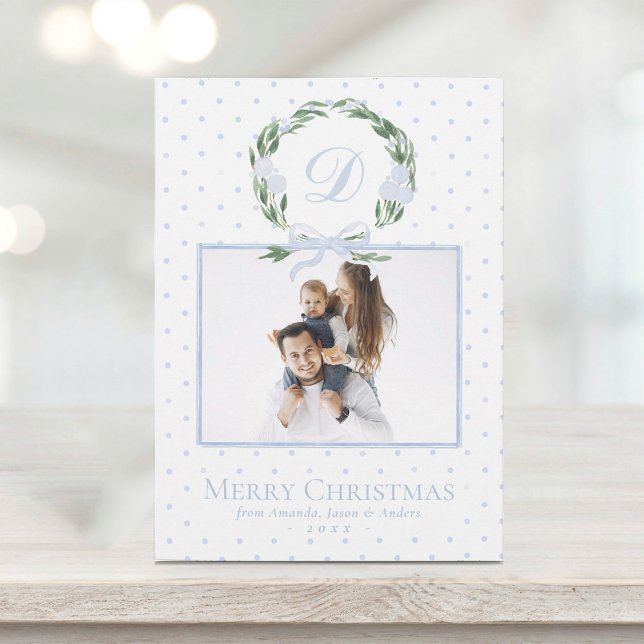 Cartes Pour Fêtes Annuelles Aquarelle Bleu Bow Wreath Élégante photo Noël (Créateur téléchargé)