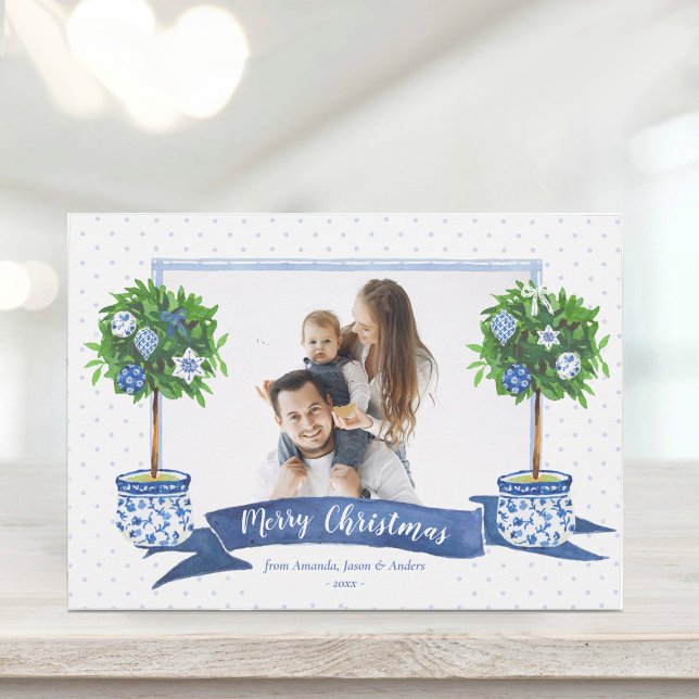 Cartes Pour Fêtes Annuelles Aquarelle bleu Chinoiserie Arbre de Noël Photo (Créateur téléchargé)