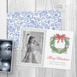 Cartes Pour Fêtes Annuelles Aquarelle bleu Chinoiserie Ornement Wreath Photo