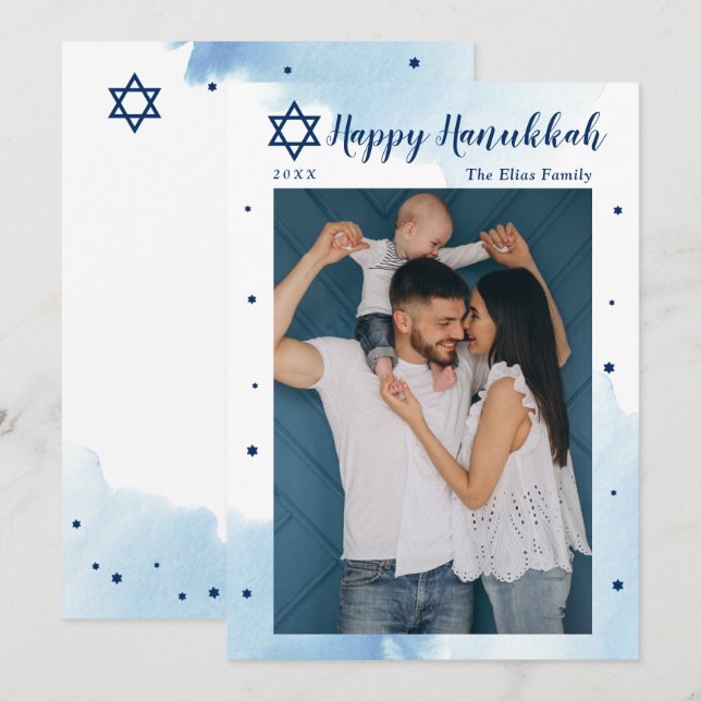 Cartes Pour Fêtes Annuelles Aquarelle bleu classique Bonne photo Hanoukka (Devant / Derrière)