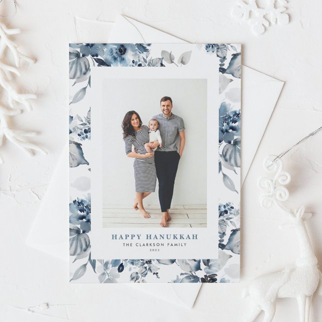 Cartes Pour Fêtes Annuelles Aquarelle Bleu Fleurs Heureux Hanoukka Photo (Créateur téléchargé)