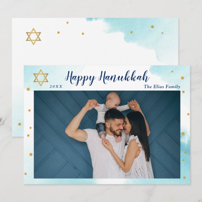 Cartes Pour Fêtes Annuelles Aquarelle bleu moderne or joyeuse Hanoukka photo (Devant / Derrière)