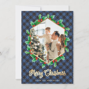 Cartes Pour Fêtes Annuelles Aquarelle bleu or plaid Holly Photo Noël