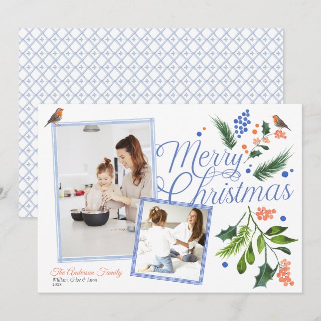 Cartes Pour Fêtes Annuelles Aquarelle Bleu Orange Joyeux Noël Deux photos (Devant / Derrière)