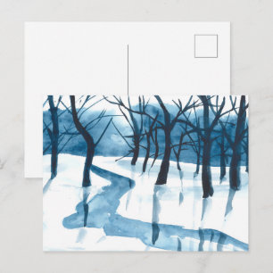 Cartes Pour Fêtes Annuelles Aquarelle bleu paysage, arbres et rivière, neige