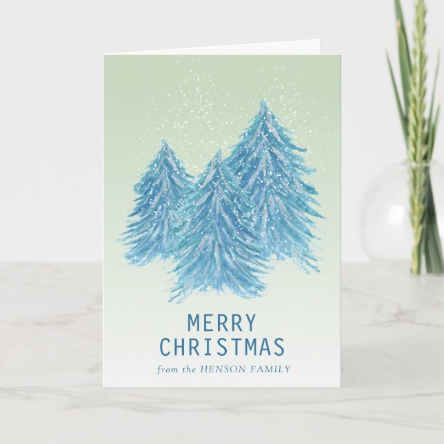 Cartes Pour Fêtes Annuelles Aquarelle bleu vert Arbre de Noël Artiste (Devant)