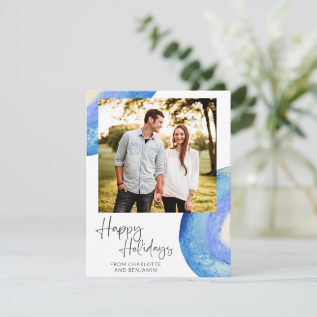 Cartes Pour Fêtes Annuelles Aquarelle bleue Abstraite contemporaine (Debout devant)