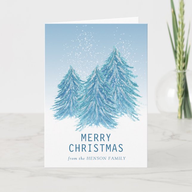 Cartes Pour Fêtes Annuelles Aquarelle Bleue Arbre de Noël Fête Artistique (Devant)