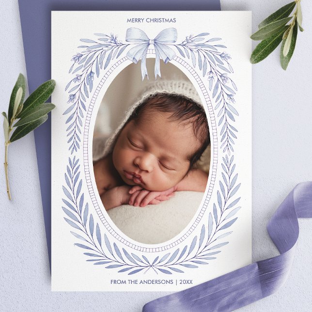 Cartes Pour Fêtes Annuelles Aquarelle bleue Bow Oval Photo Noël (Créateur téléchargé)