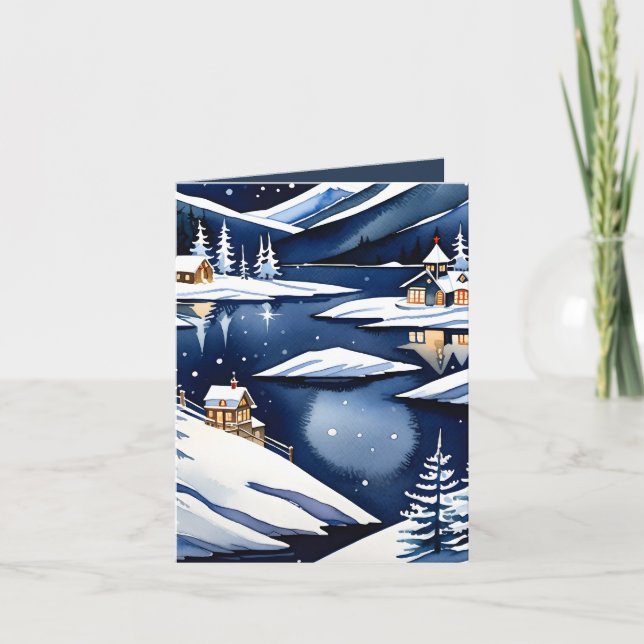 Cartes Pour Fêtes Annuelles Aquarelle bleue Lacs nordiques Noël plié (Devant)