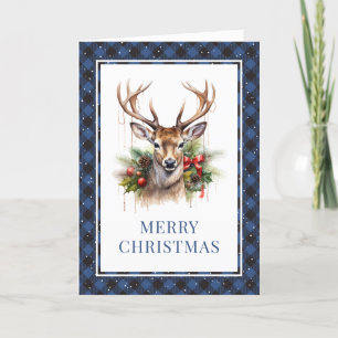 Cartes Pour Fêtes Annuelles Aquarelle bleue Plaid Cerf Joyeux Noël