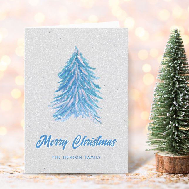 Cartes Pour Fêtes Annuelles Aquarelle bleue sapin de Noël Simple Joyeux (Créateur téléchargé)