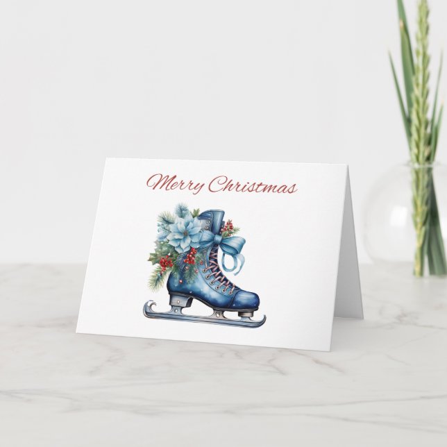 Cartes Pour Fêtes Annuelles Aquarelle Blue Christmas Ice Skate avec ruban (Devant)
