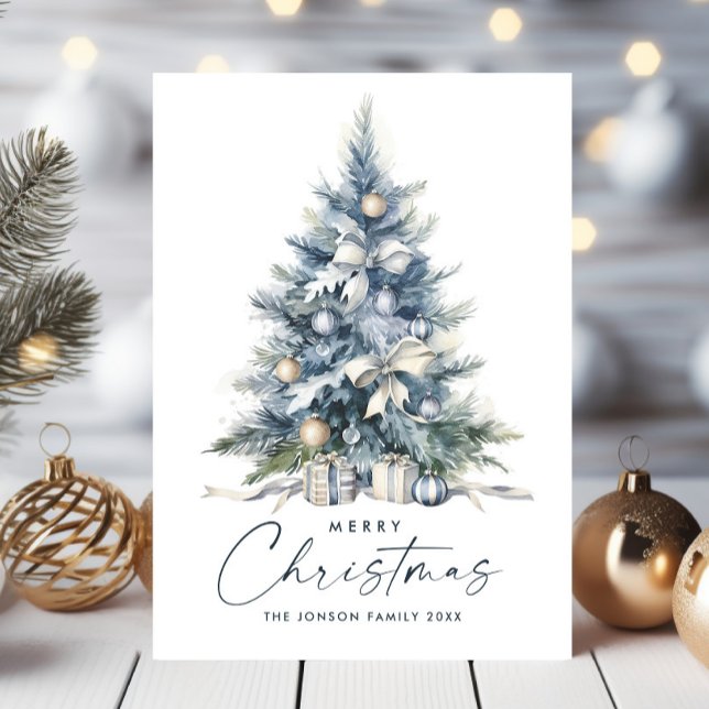 Cartes Pour Fêtes Annuelles Aquarelle Bohême Neutre Bleu Arbre de Noël (Créateur téléchargé)