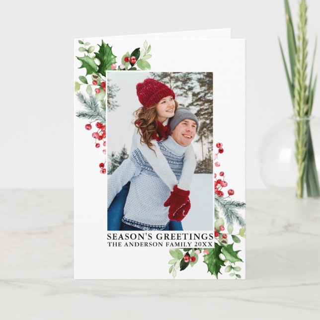 Cartes Pour Fêtes Annuelles Aquarelle Bonnes Fêtes de verdure Holly (Devant)