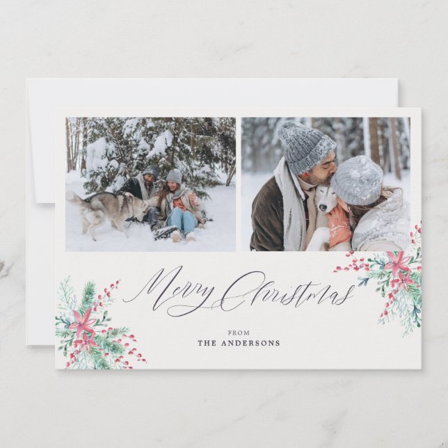 Cartes Pour Fêtes Annuelles Aquarelle Botanique 2 Photos Joyeux Noël (Devant)