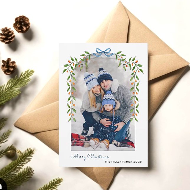 Cartes Pour Fêtes Annuelles Aquarelle Botanique Arc Cadre photo Noël (Créateur téléchargé)