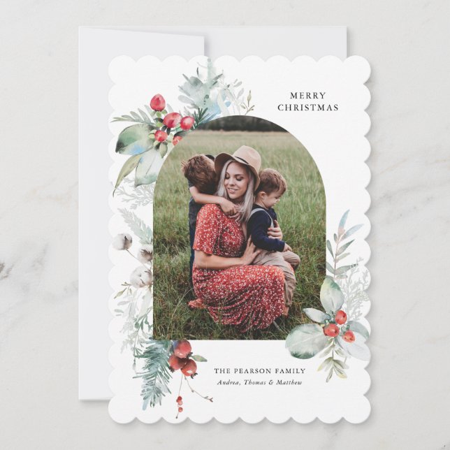 Cartes Pour Fêtes Annuelles Aquarelle Botanique Arc Floral Photo Noël (Devant)