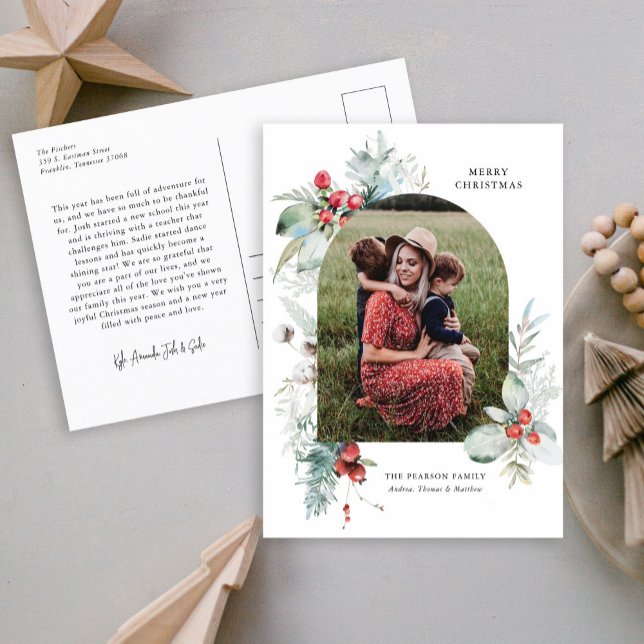 Cartes Pour Fêtes Annuelles Aquarelle Botanique Arc Floral Photo Noël (Créateur téléchargé)
