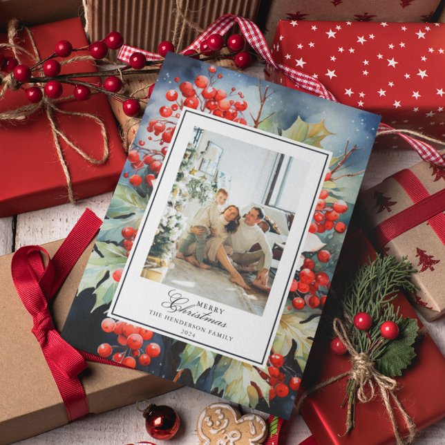 Cartes Pour Fêtes Annuelles Aquarelle botanique d'hiver Photo de Noël (Créateur téléchargé)