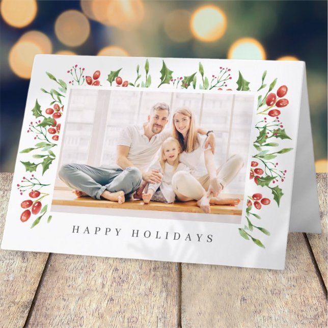 Cartes Pour Fêtes Annuelles Aquarelle Botanique Holly Berry Foliage Noël (Créateur téléchargé)