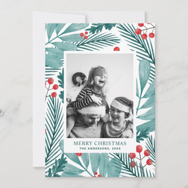 Cartes Pour Fêtes Annuelles Aquarelle Botanique Joyeux Noël Photo de famille (Devant)