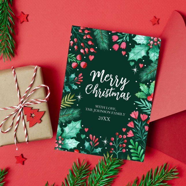 Cartes Pour Fêtes Annuelles Aquarelle botanique Joyeux Noël Vert foncé (Botanical Watercolor Christmas Flat Holiday Card)