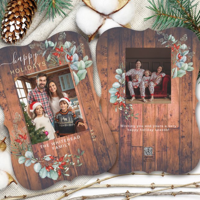 Cartes Pour Fêtes Annuelles Aquarelle Botanique Photo Bois (You will love these beautiful Christmas cards! They feature botanical watercolor pine and berries.)