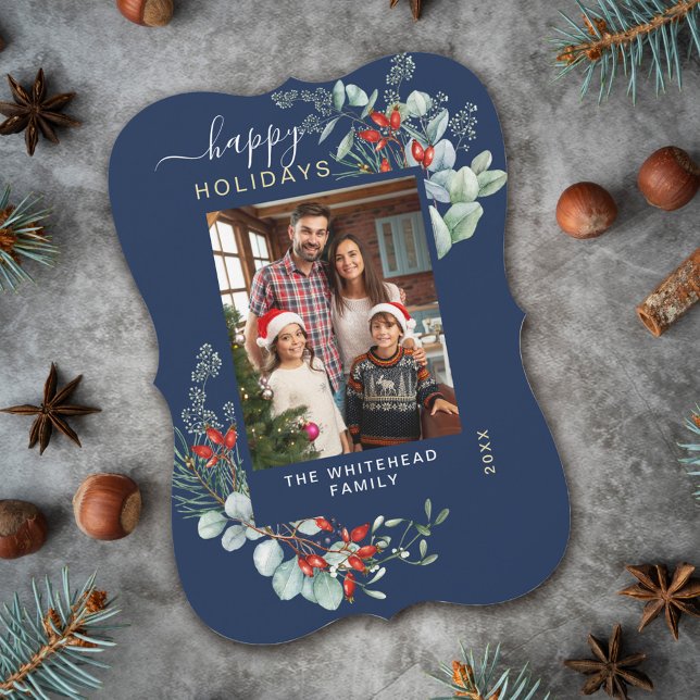 Cartes Pour Fêtes Annuelles Aquarelle Botanique Photo Marine (You will love these beautiful Christmas cards! They feature botanical watercolor pine and berries.)