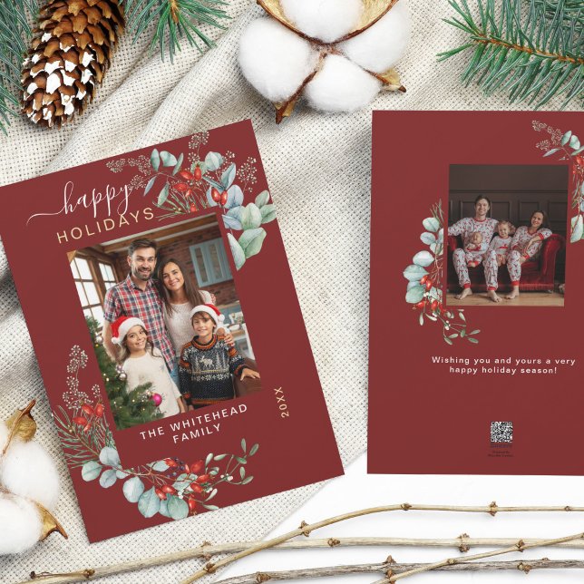 Cartes Pour Fêtes Annuelles Aquarelle Botanique Verdure Photo Bourgogne (You will love these beautiful Christmas cards! They feature botanical watercolor pine and berries.)