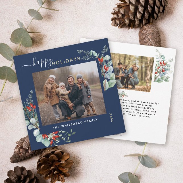 Cartes Pour Fêtes Annuelles Aquarelle Botanique Vert Elégant bleu marine (You will love these beautiful Christmas cards! They feature botanical watercolor pine and berries.)